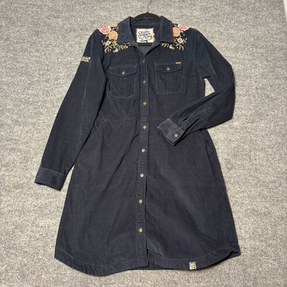 Superdry Floral Embroidered Corduroy Shirt Dress Womens 8 - Picture 3 of 16